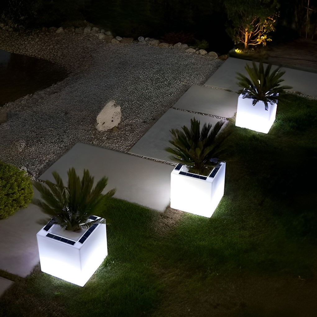 Modern Solar LED Luminous Flower Pot Square Waterproof Outdoor Planter Light White Black 3 Color Temperature