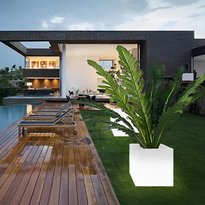 Modern Solar LED Luminous Flower Pot Square Waterproof Outdoor Planter Light White Black 3 Color Temperature