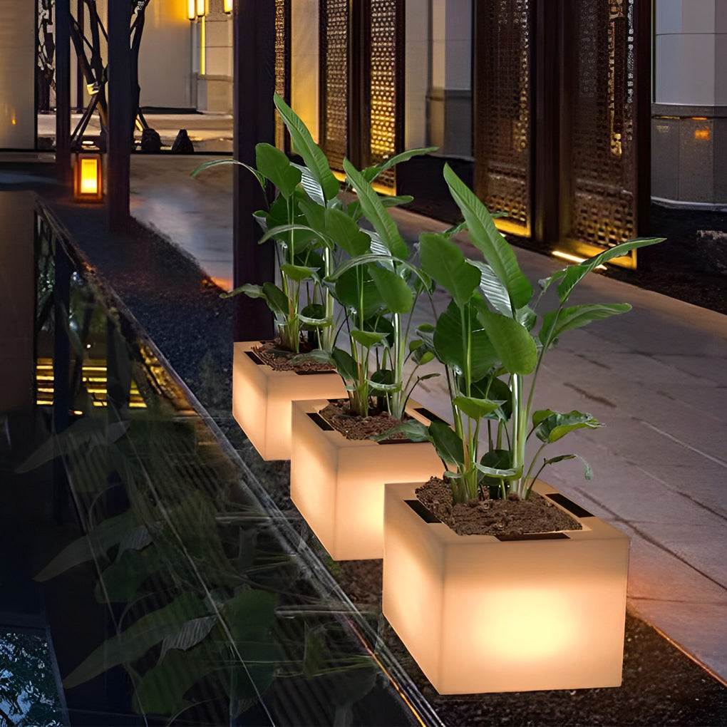 Modern Solar LED Luminous Flower Pot Square Waterproof Outdoor Planter Light White Black 3 Color Temperature