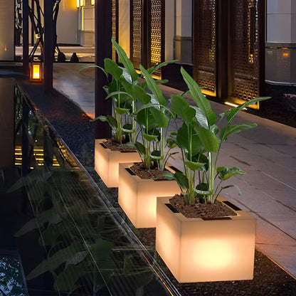Modern Solar LED Luminous Flower Pot Square Waterproof Outdoor Planter Light White Black 3 Color Temperature