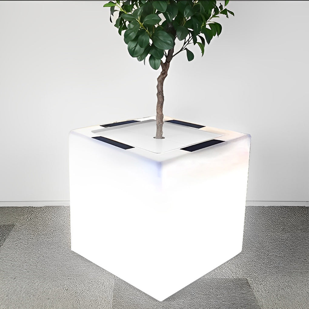 Modern Solar LED Luminous Flower Pot Square Waterproof Outdoor Planter Light White Black 3 Color Temperature