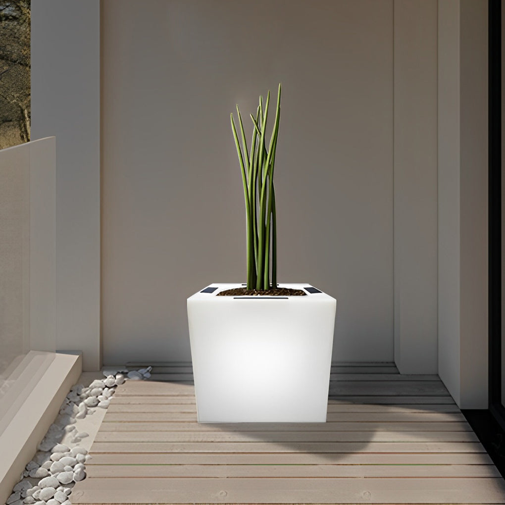 Modern Solar LED Luminous Flower Pot Square Waterproof Outdoor Planter Light White Black 3 Color Temperature