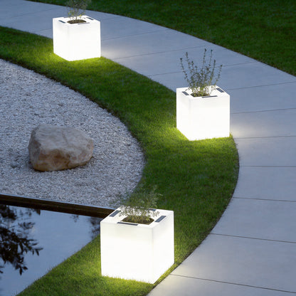 Modern Solar LED Luminous Flower Pot Square Waterproof Outdoor Planter Light White Black 3 Color Temperature