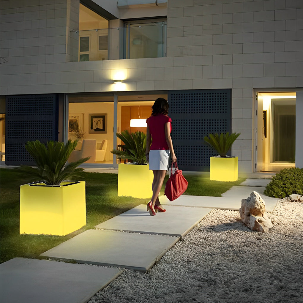 Modern Solar LED Luminous Flower Pot Square Waterproof Outdoor Planter Light White Black 3 Color Temperature