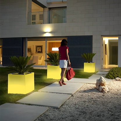 Modern Solar LED Luminous Flower Pot Square Waterproof Outdoor Planter Light White Black 3 Color Temperature