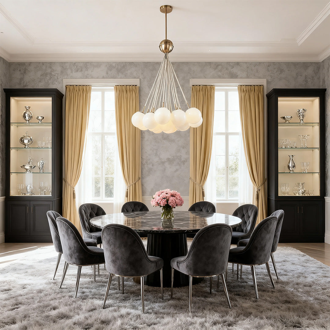 Gold Frame Bubble Glass Chandelier with Transparent Glass Spheres on Fine Suspension Arms