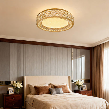 Round Crystal Border Flush Mount in Champagne Gold Carbon Steel with 3-Step Colour Temperature in Three Sizes