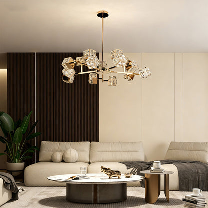 Crystal Chandelier Carbon Steel Champagne Gold Modern Cube Geometric LED Tri-Color Radial Arm Multi-Head