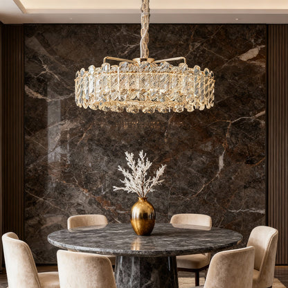 Nordic Chandelier Carbon Steel Champagne Gold Dual-Color LED Crystal Drum Single Double Layer Long Hanging Luxury