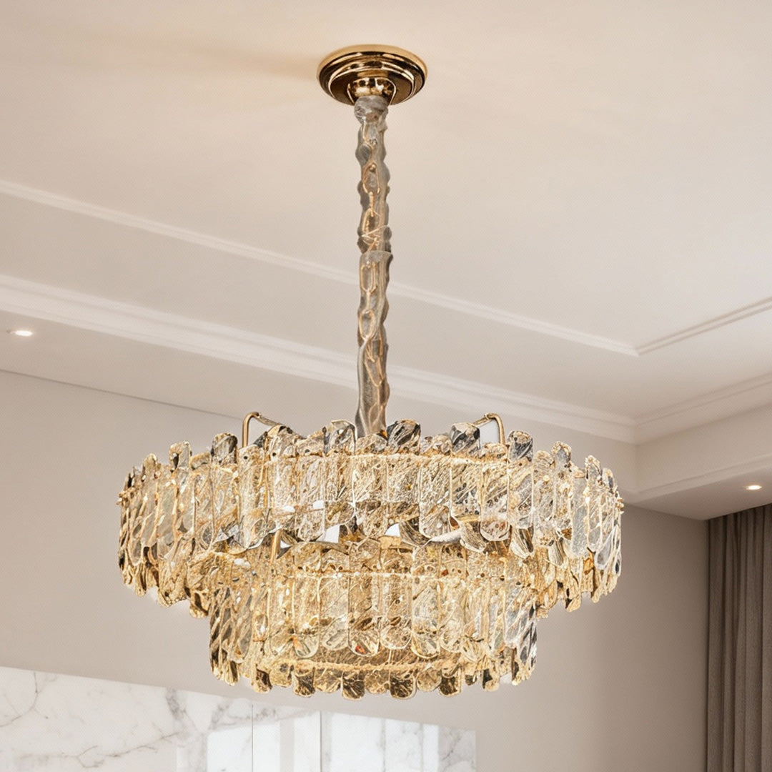 Nordic Chandelier Carbon Steel Champagne Gold Dual-Color LED Crystal Drum Single Double Layer Long Hanging Luxury