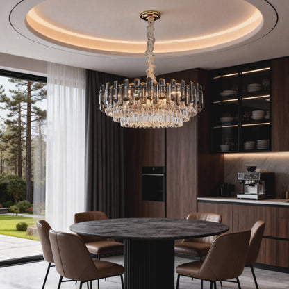 Tiered Crystal Drum Chandelier Gold Iron E14 3000K Smoky Clear Crystal Round Oval Dining Room