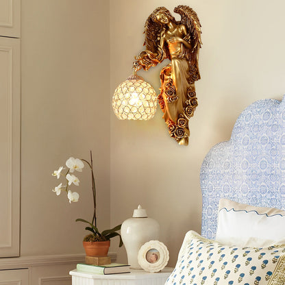 Angel Figure Resin Crystal Globe Wall Sconce E27 12W 3000K European Retro Gold Left Right Indoor