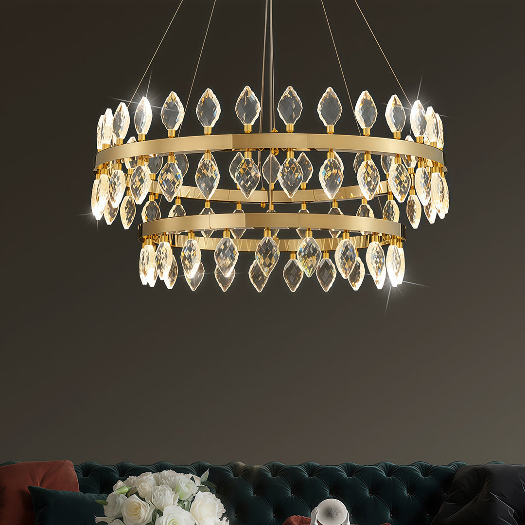 Crystal Chandelier Iron Gold Italian Style G4 Tri-Color Single Double Layer Halo Ring