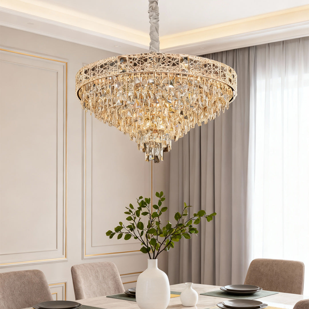 Crystal Chandelier Carbon Steel Champagne Gold European Tiered Hybrid LED E14 Multi-Layer Luxury