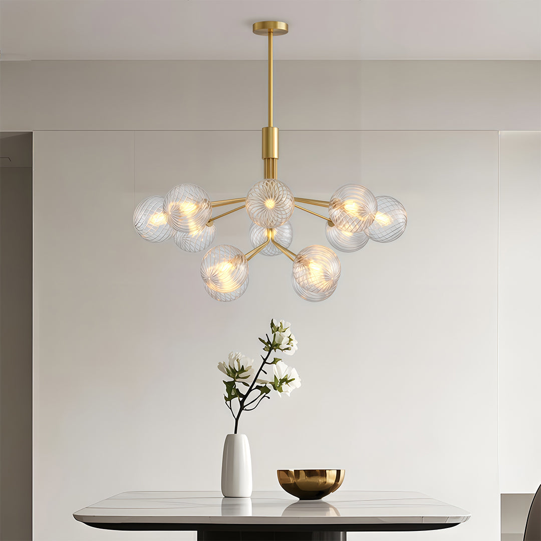 Copper Frame Glass Sphere Chandelier with Staggered Multi-Head Arrangement