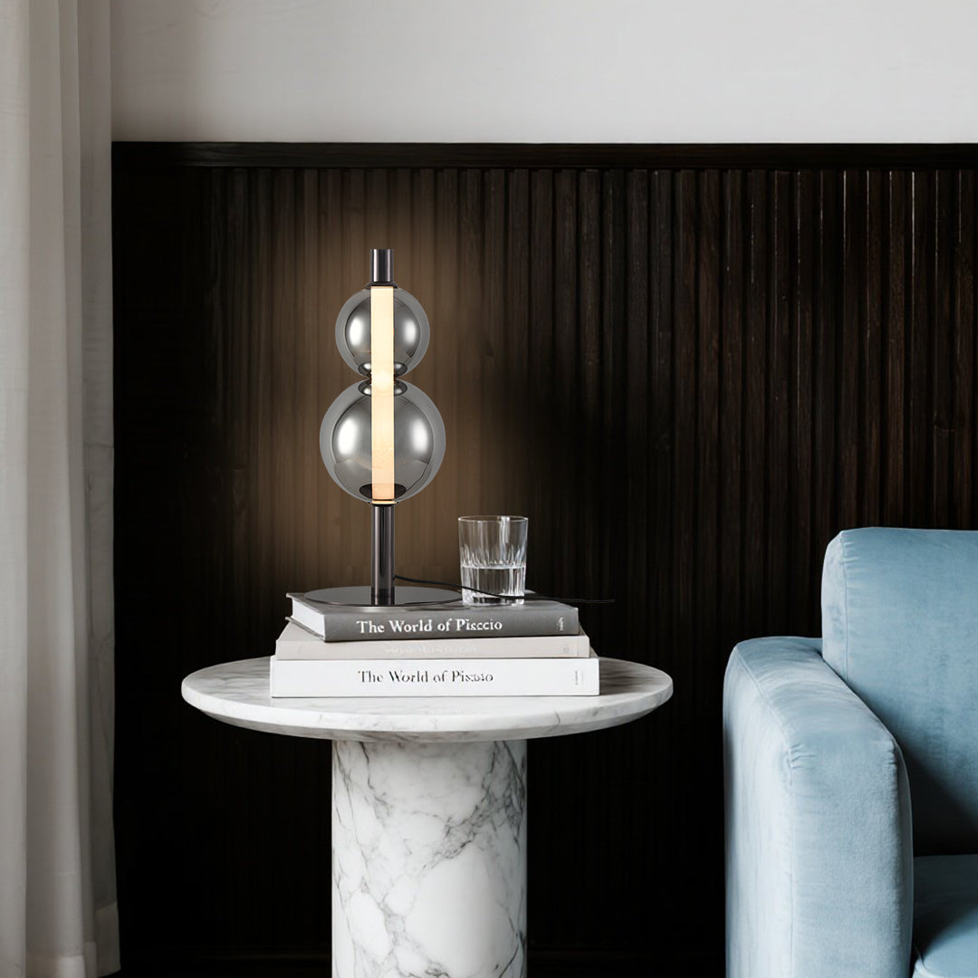 Sculptural Double Globe Table Lamp Pearl Black Iron Smoked Glass Full Spectrum Tri-Color LED Eye Care 8W 21.65 Inch