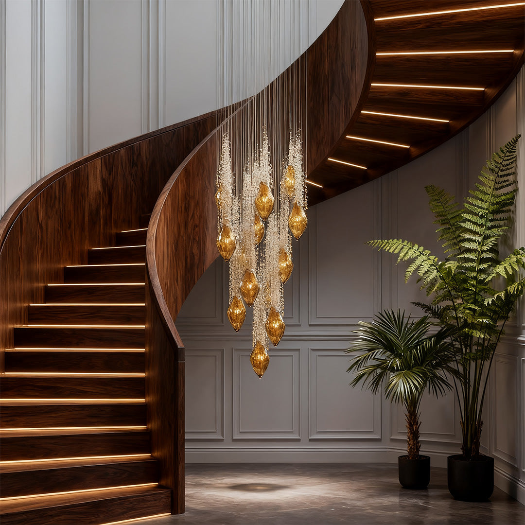 Staircase Chandelier Amber Glass Crystal 25-Head Cognac Warm White