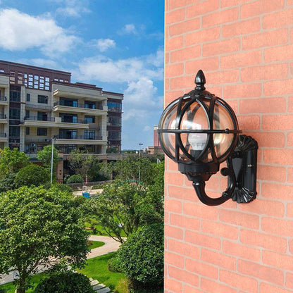 European Globe Outdoor Wall Sconce Cast Aluminum Amber Glass IP55 E27 Black Bronze 3 Sizes