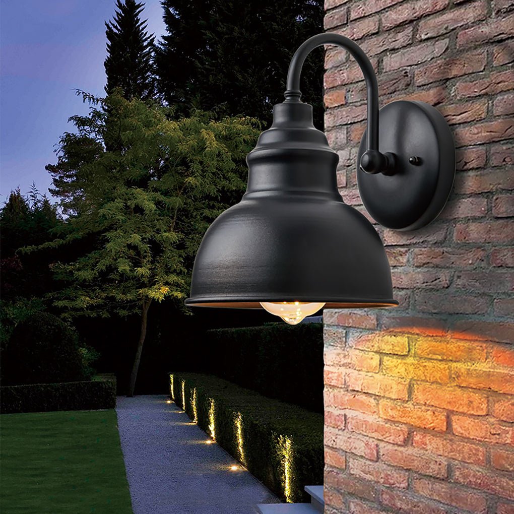 Industrial Matte Black Gooseneck Outdoor Wall Sconce Iron Aluminum Dusk-to-Dawn E27 LED IP65 3000K Porch Garage Garden