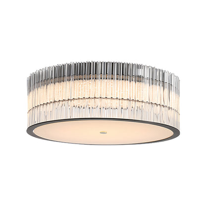 Round Drum Crystal Prism Rod Flush Mount in Black Metal and Transparent Glass with Warm White Integrated LED