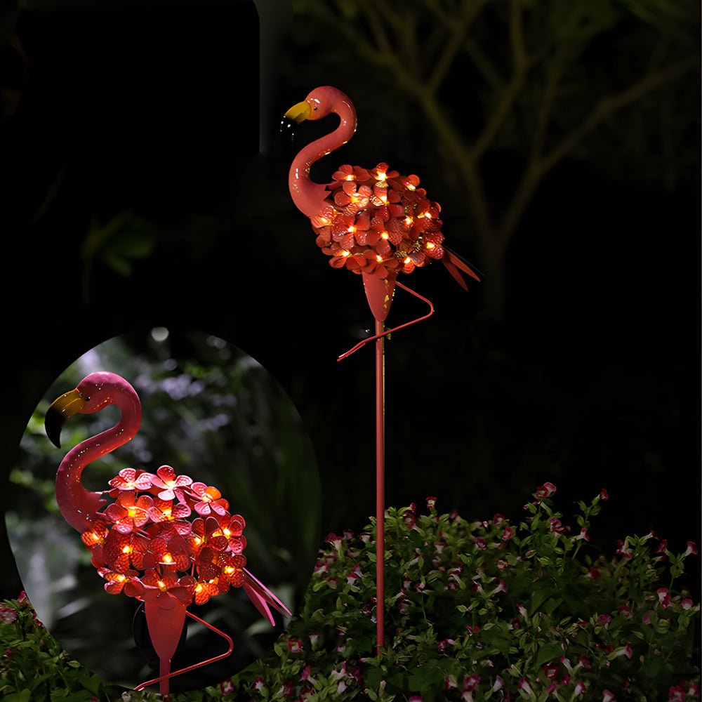 Metal Flamingo Solar Stake LED Lights Pink 30-LED Warm White Dusk-to-Dawn Outdoor Garden Lawn Path 2-Pack