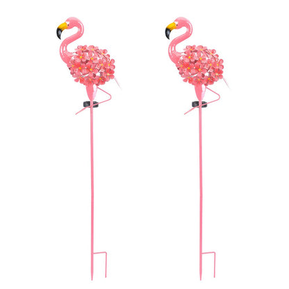 Metal Flamingo Solar Stake LED Lights Pink 30-LED Warm White Dusk-to-Dawn Outdoor Garden Lawn Path 2-Pack
