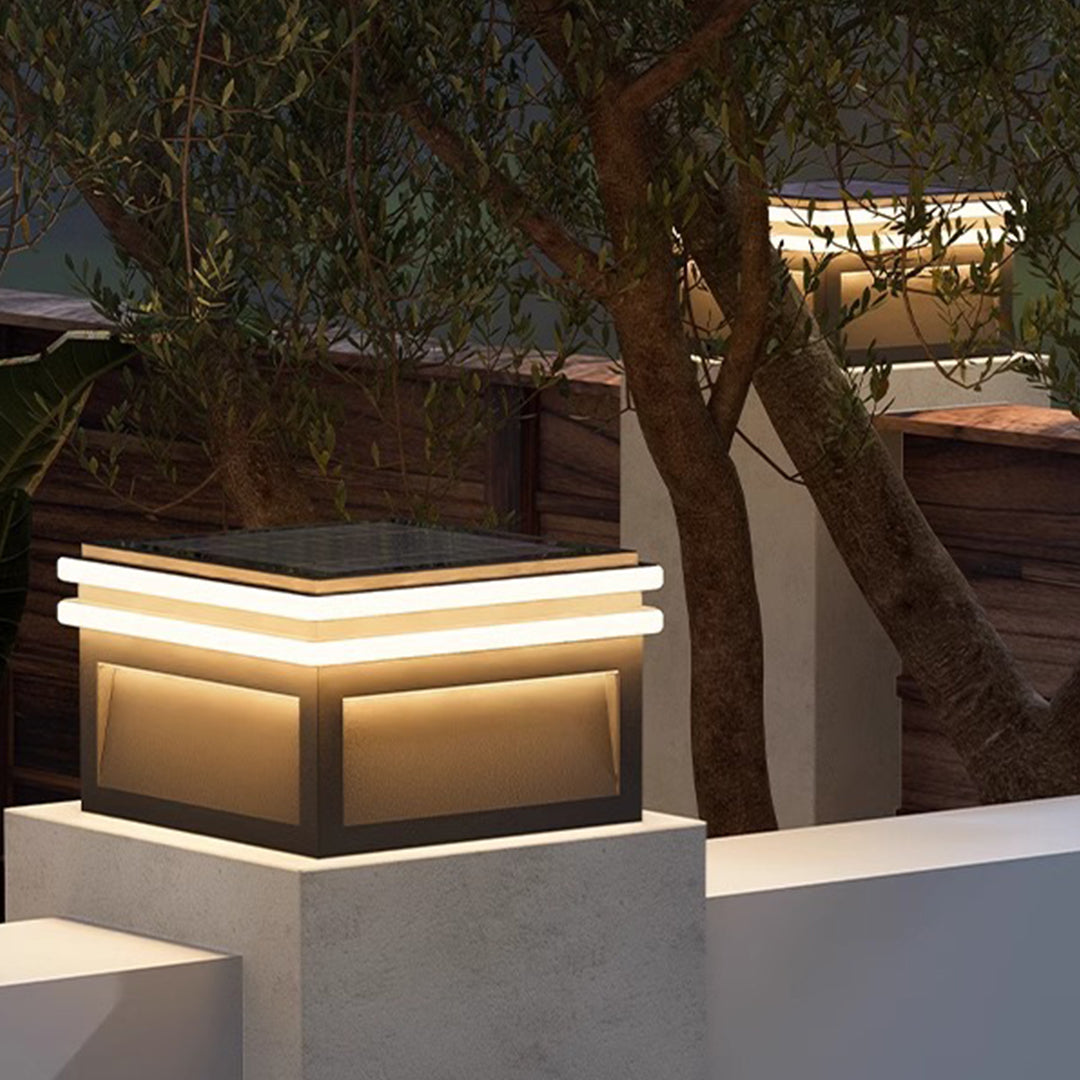 Modern Minimalist Gray Steel Square Outdoor Pillar Light Solar or Hardwired IP65 12 Hour 3 Sizes Courtyard Villa