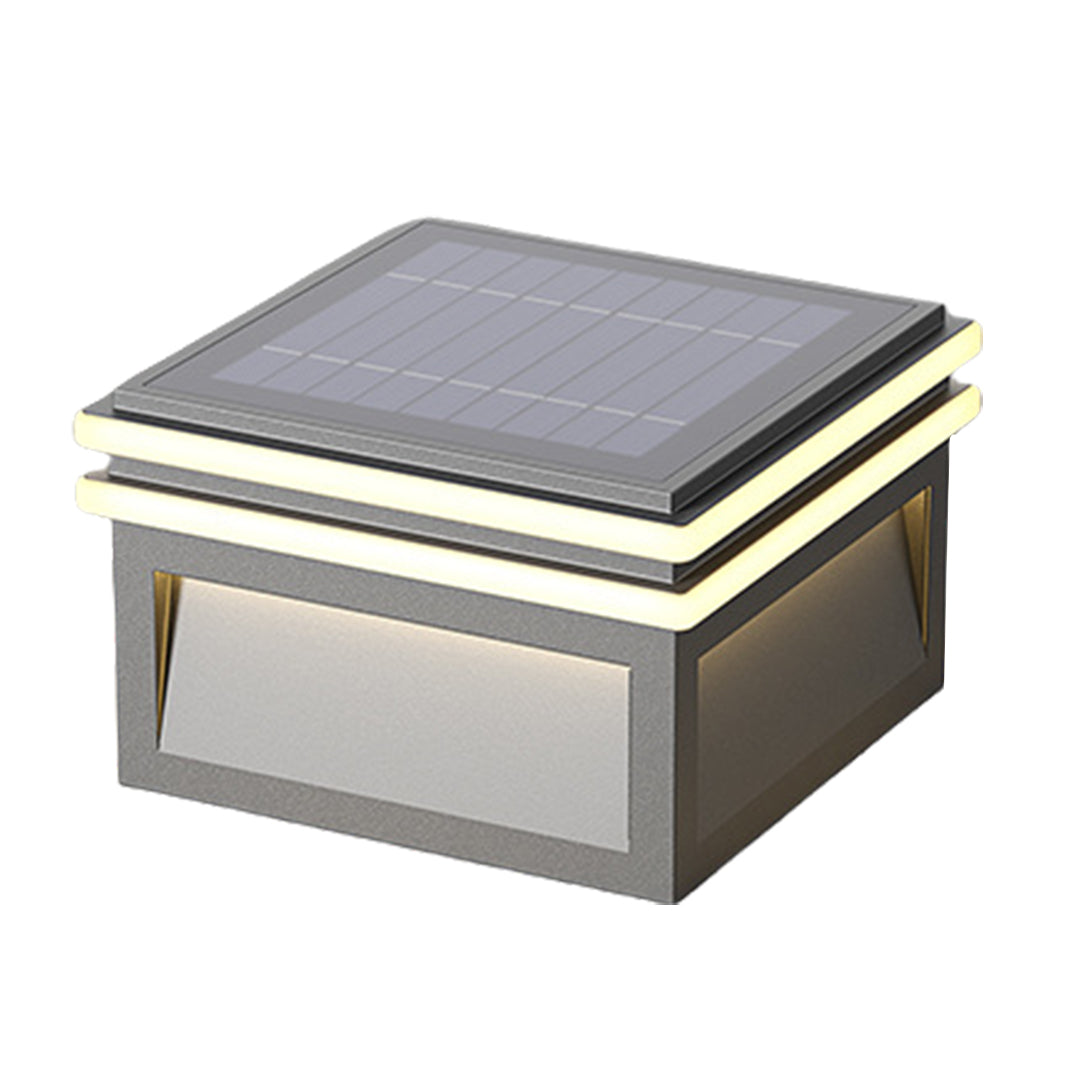 Modern Minimalist Gray Steel Square Outdoor Pillar Light Solar or Hardwired IP65 12 Hour 3 Sizes Courtyard Villa