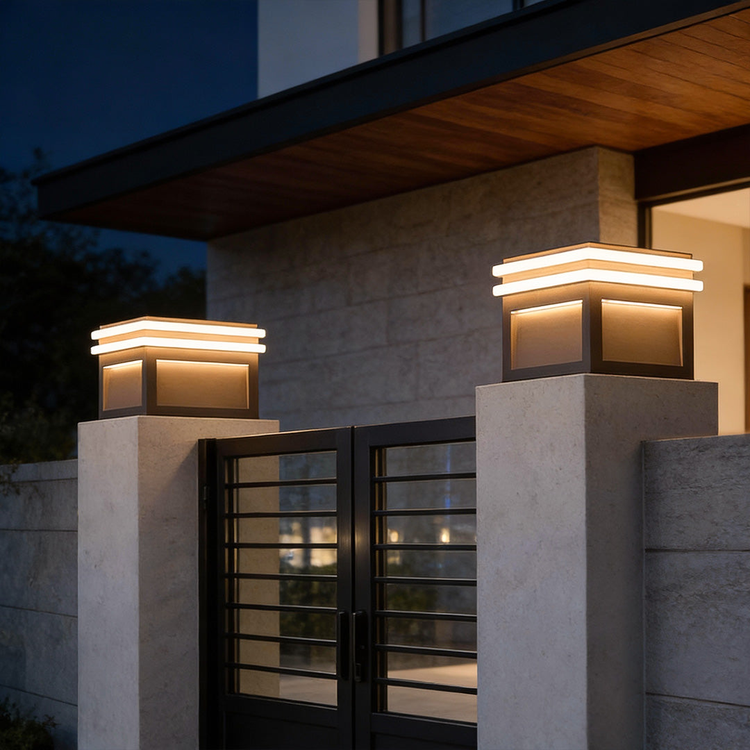 Modern Minimalist Gray Steel Square Outdoor Pillar Light Solar or Hardwired IP65 12 Hour 3 Sizes Courtyard Villa