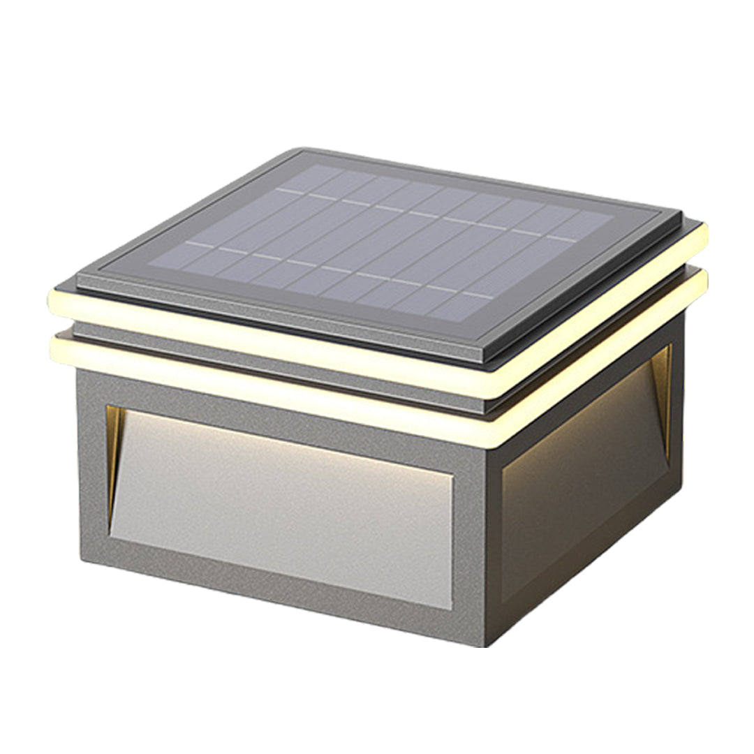 Modern Minimalist Gray Steel Square Outdoor Pillar Light Solar or Hardwired IP65 12 Hour 3 Sizes Courtyard Villa
