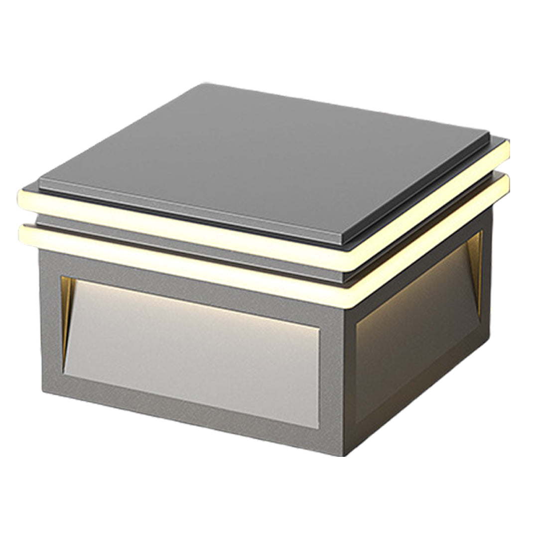 Modern Minimalist Gray Steel Square Outdoor Pillar Light Solar or Hardwired IP65 12 Hour 3 Sizes Courtyard Villa