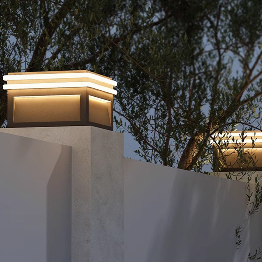 Modern Minimalist Gray Steel Square Outdoor Pillar Light Solar or Hardwired IP65 12 Hour 3 Sizes Courtyard Villa