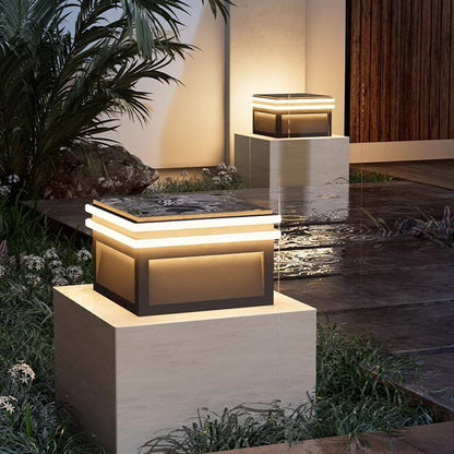 Modern Minimalist Gray Steel Square Outdoor Pillar Light Solar or Hardwired IP65 12 Hour 3 Sizes Courtyard Villa