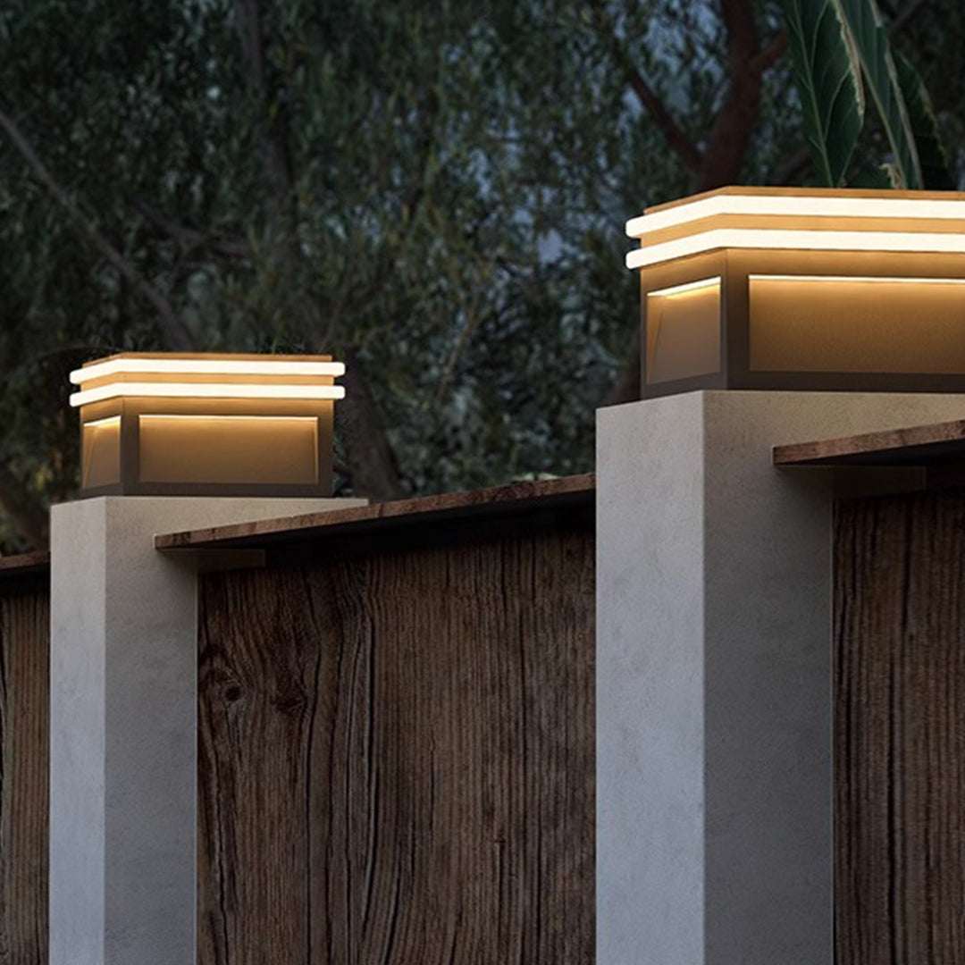 Modern Minimalist Gray Steel Square Outdoor Pillar Light Solar or Hardwired IP65 12 Hour 3 Sizes Courtyard Villa