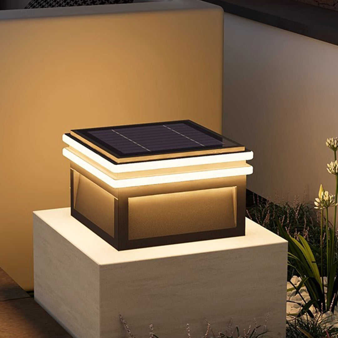 Modern Minimalist Gray Steel Square Outdoor Pillar Light Solar or Hardwired IP65 12 Hour 3 Sizes Courtyard Villa