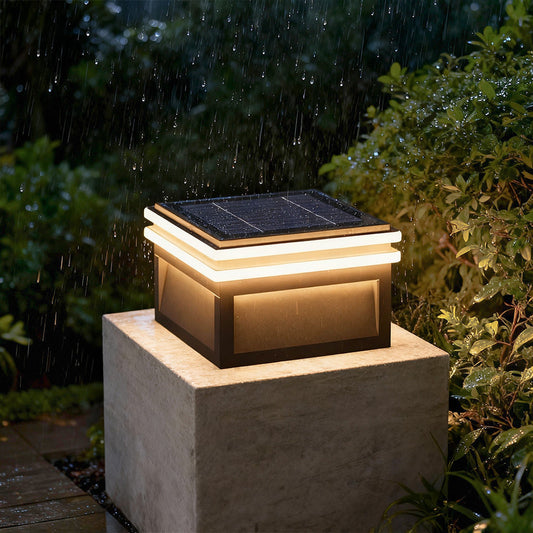 Modern Minimalist Gray Steel Square Outdoor Pillar Light Solar or Hardwired IP65 12 Hour 3 Sizes Courtyard Villa