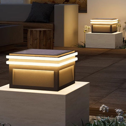 Modern Minimalist Gray Steel Square Outdoor Pillar Light Solar or Hardwired IP65 12 Hour 3 Sizes Courtyard Villa