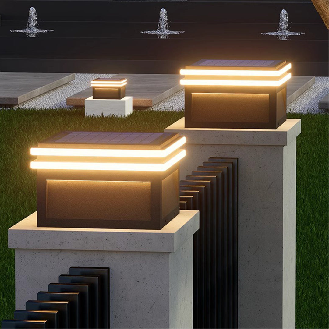 Modern Minimalist Gray Steel Square Outdoor Pillar Light Solar or Hardwired IP65 12 Hour 3 Sizes Courtyard Villa