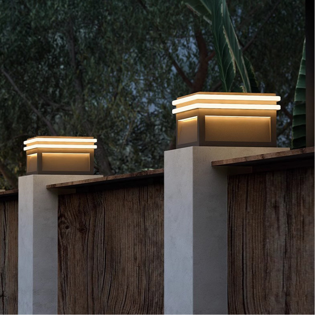 Modern Minimalist Gray Steel Square Outdoor Pillar Light Solar or Hardwired IP65 12 Hour 3 Sizes Courtyard Villa