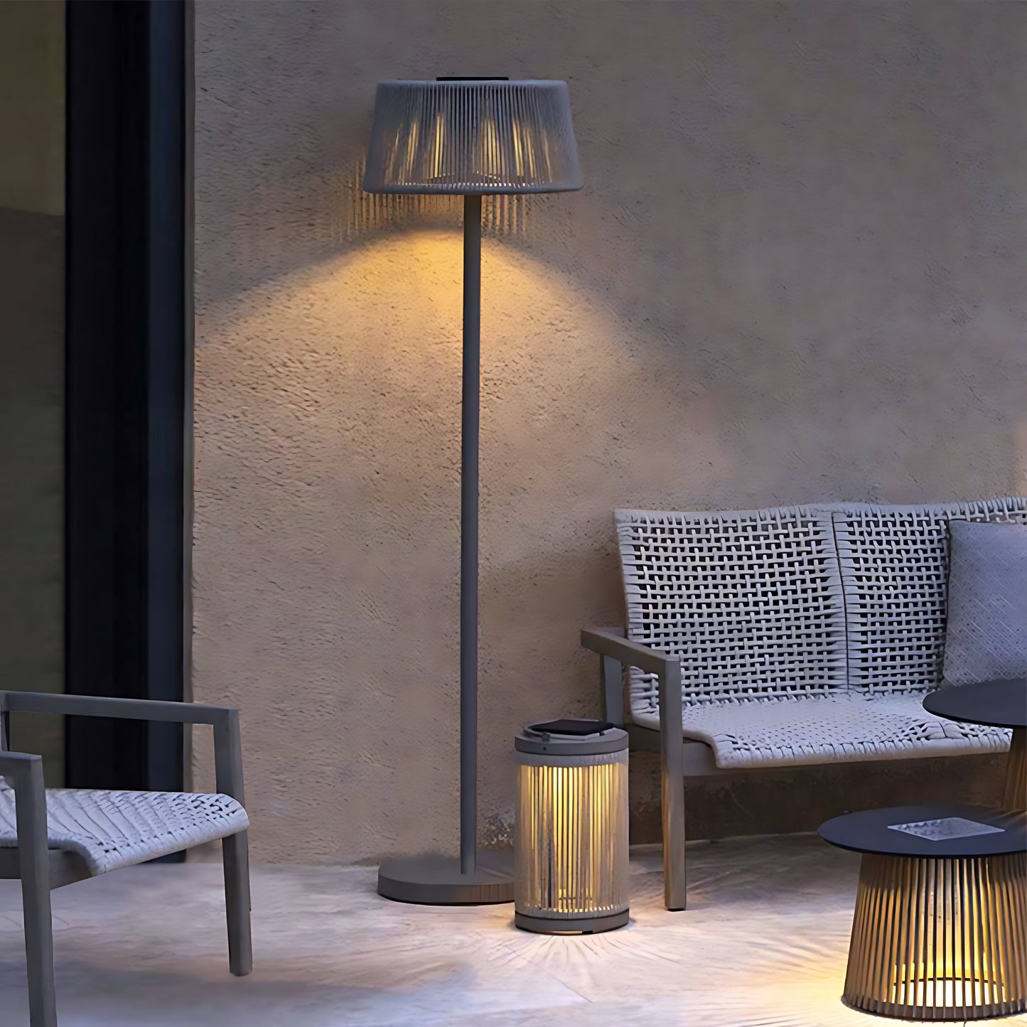 Mid-Century Modern Woven Linen Outdoor Floor Lamp IP65 Solar/Hardwired OSRAM 3000K
