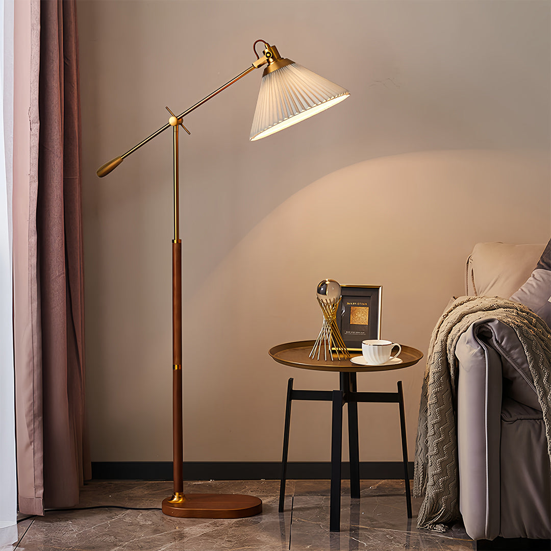 Floor Reading Lamp LED Swing Arm Pleated Fabric Shade Ash Wood Base Brass Pole Retro Luxury Dimmable Remote 2 Colors 49 Inch