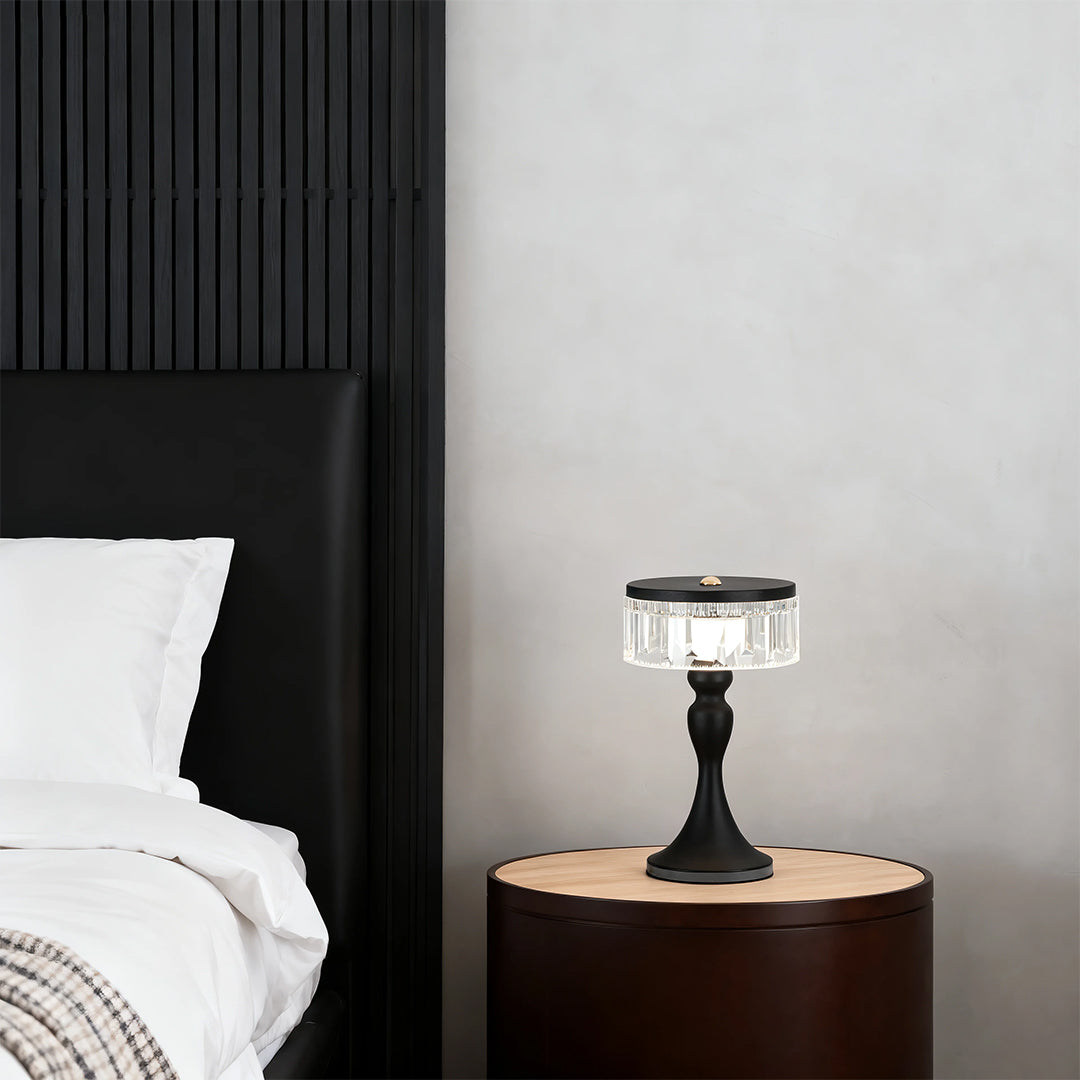 Nordic Forged Iron Pedestal Table Lamp Crystalline Acrylic Ring Shade USB Rechargeable Touch Dimmable Black White 10.04 Inch