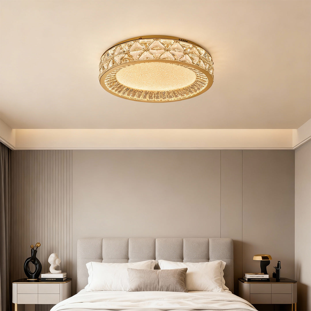 Round Crystal Border Flush Mount in Champagne Gold Carbon Steel with 3-Step Colour Temperature in Three Sizes