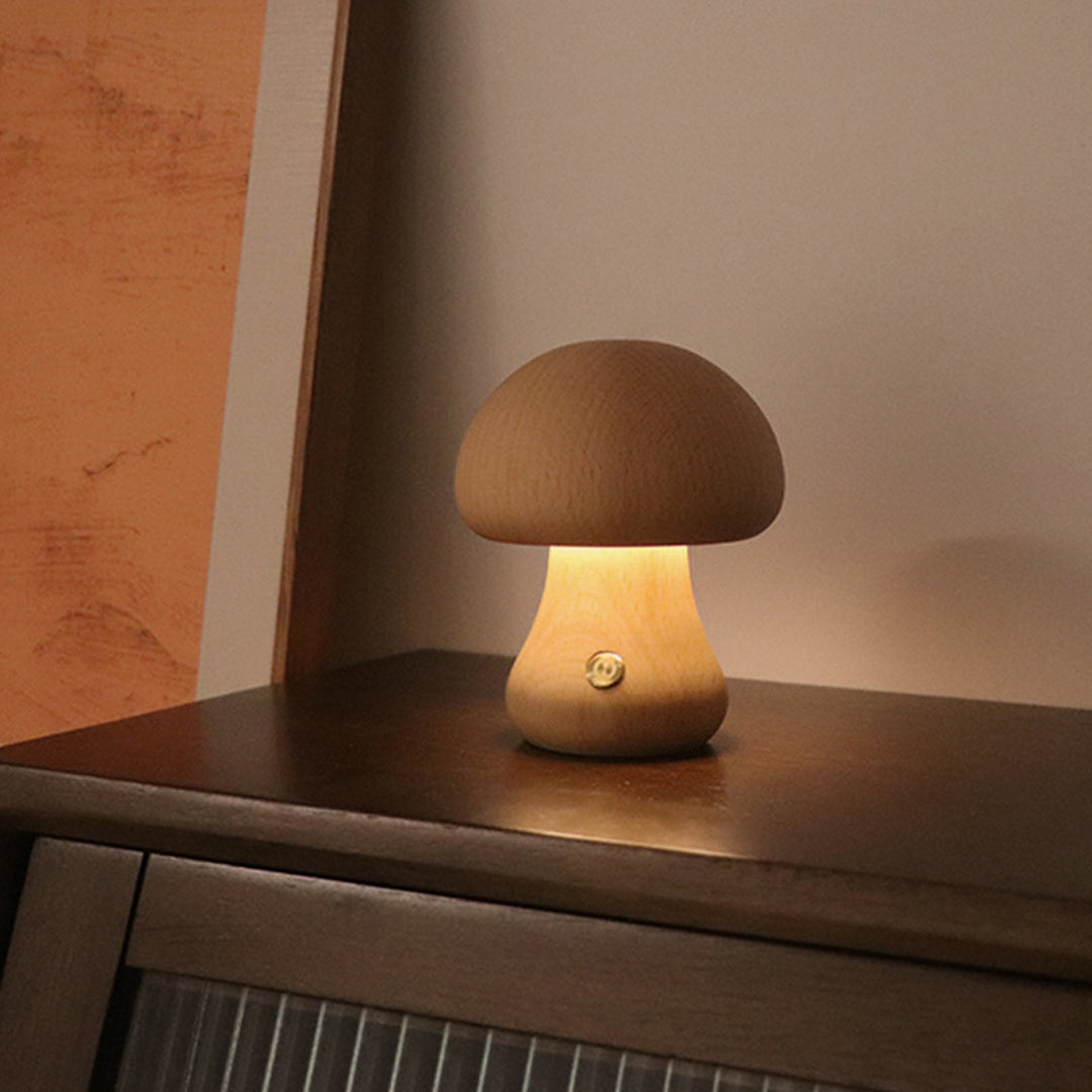 Beech Wood Mushroom LED Night Lamp Touch Dimming Four Shapes Two Finishes