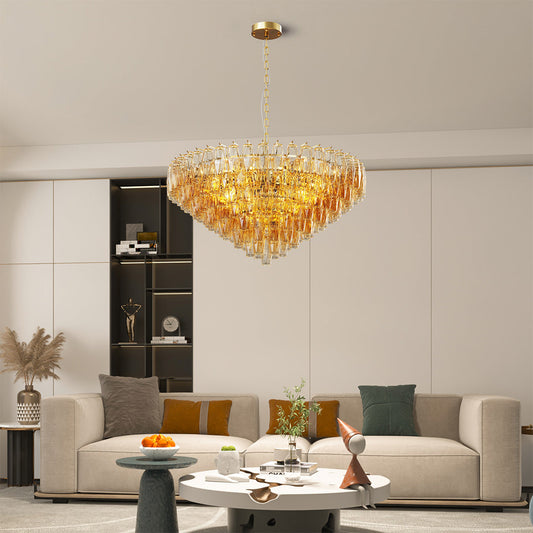 Grand-Scale Iron Frame Chandelier with Cascading Glass Drops