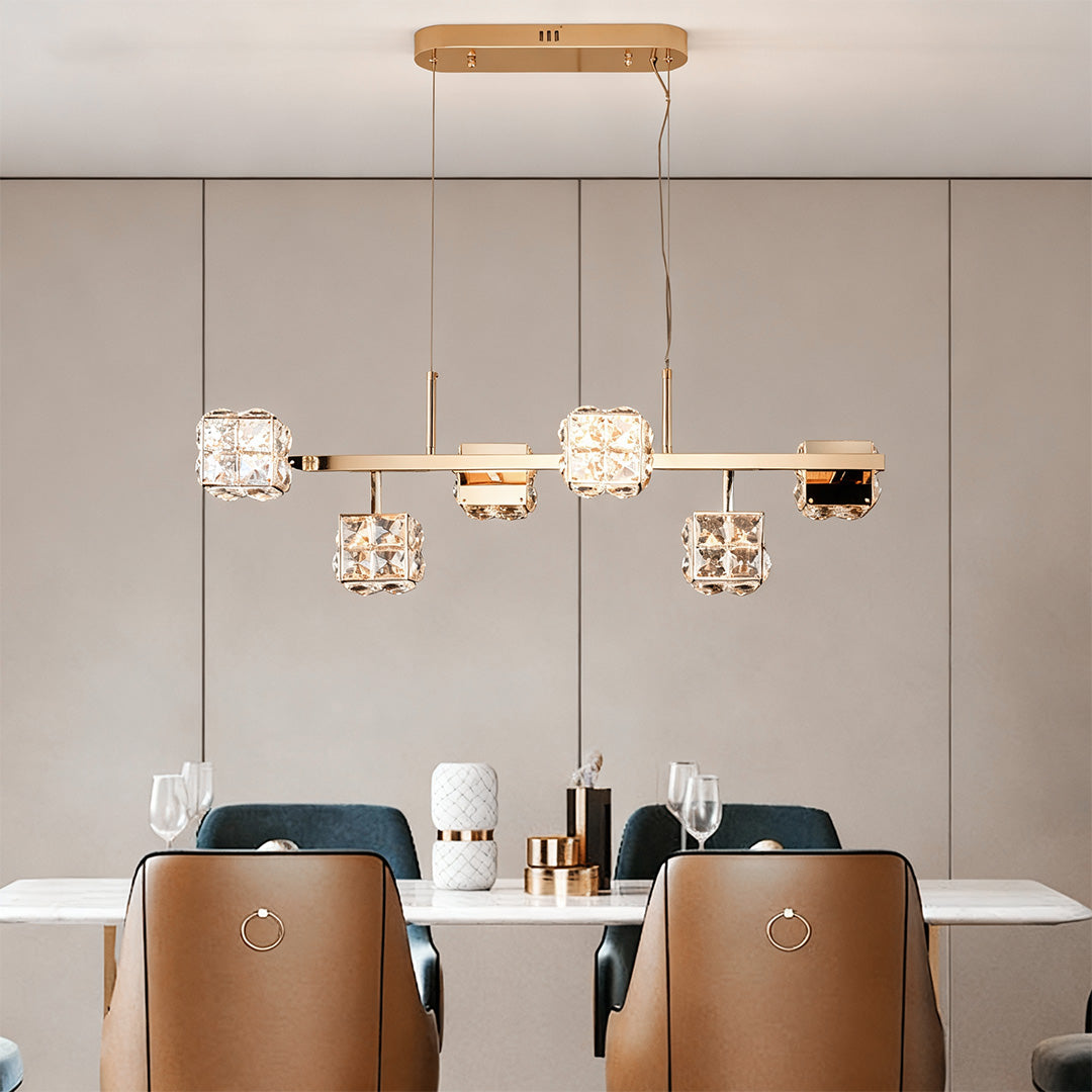 Crystal Chandelier Carbon Steel Champagne Gold Modern Cube Geometric LED Tri-Color Radial Arm Multi-Head
