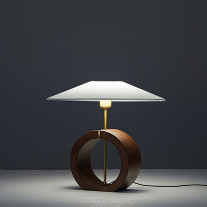 Black Walnut Wood Table Lamp Circular Ring Base Wide Beige Fabric Shade Nordic Japandi LED 12W 20.47 Inch