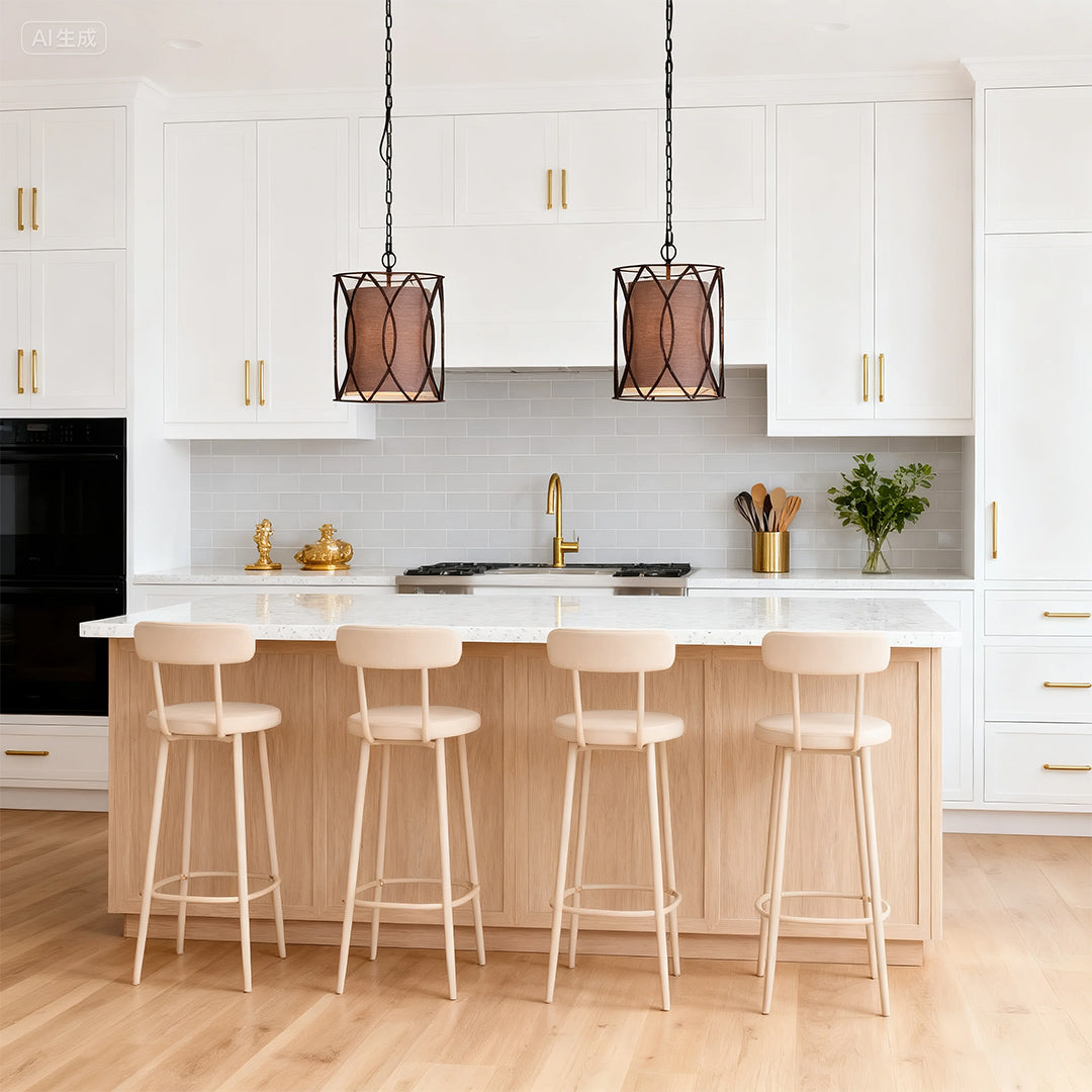 Black Industrial Pendant Light Caged Cast Iron Linen Fabric Shade E12 Kitchen Island Dining Room 14 Inch