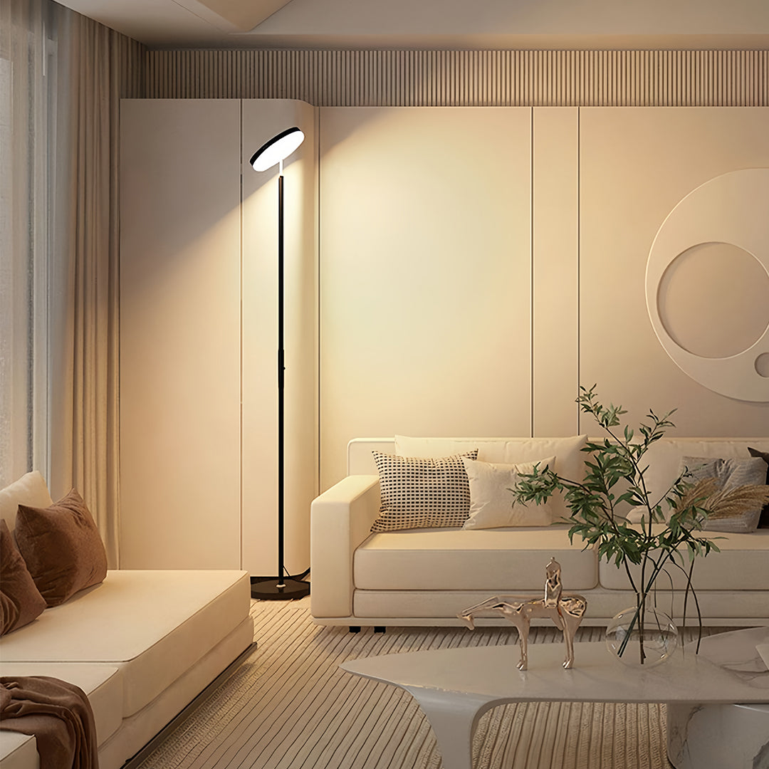 Modern Floor Lamp LED 360 Degree Adjustable Head Uplight Downlight Acrylic Disc Iron Dimmable Remote 3 Color Modes Black White 71 Inch