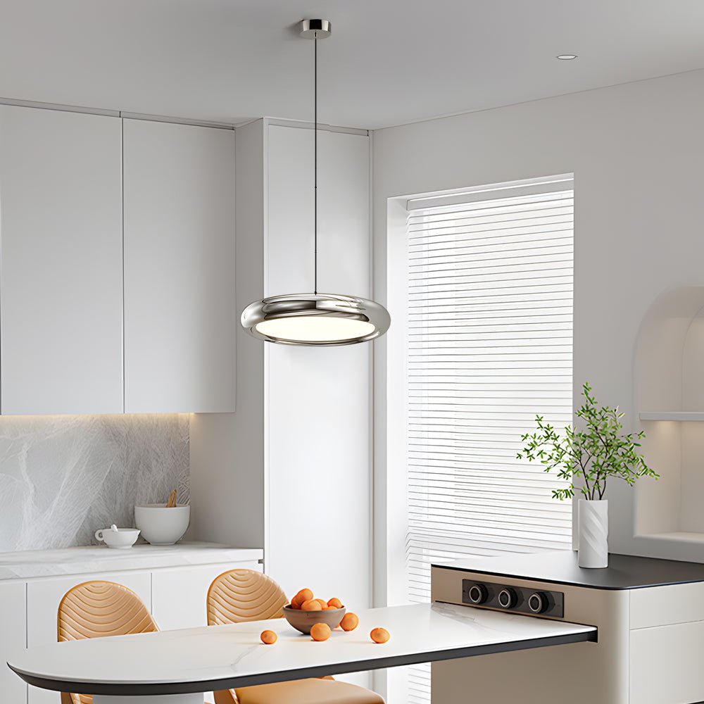 Round Iron and Acrylic Disc Pendant Light in Black or Chrome with 3-Step Colour Temperature